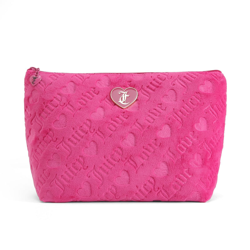 Juicy Couture Hot Pink Makeup Bag Cosmetics Organizer Travel Essentials Top Zip Pouch Terry Cloth Heart Logo