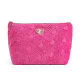Juicy Couture Hot Pink Makeup Bag Cosmetics Organizer Travel Essentials Top Zip Pouch Terry Cloth Heart Logo