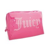 Juicy Couture Hot Pink Makeup Bag Cosmetics Organizer Travel Essentials Zip Top Wedge Shiny Patent Rhinestones