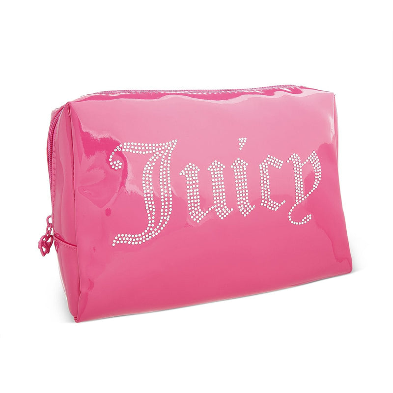 Juicy Couture Hot Pink Makeup Bag Cosmetics Organizer Travel Essentials Zip Top Wedge Shiny Patent Rhinestones