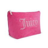 Juicy Couture Hot Pink Makeup Bag Cosmetics Organizer Travel Essentials Zip Top Wedge Velour Rhinestones