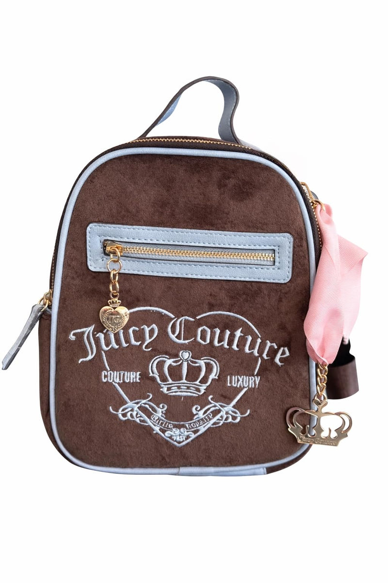 Juicy Couture Mini Backpack Purse for Women, Velour Logo Backpack with Front Zip Pocket, Top Handle & Adjustable Straps (Chocolate)
