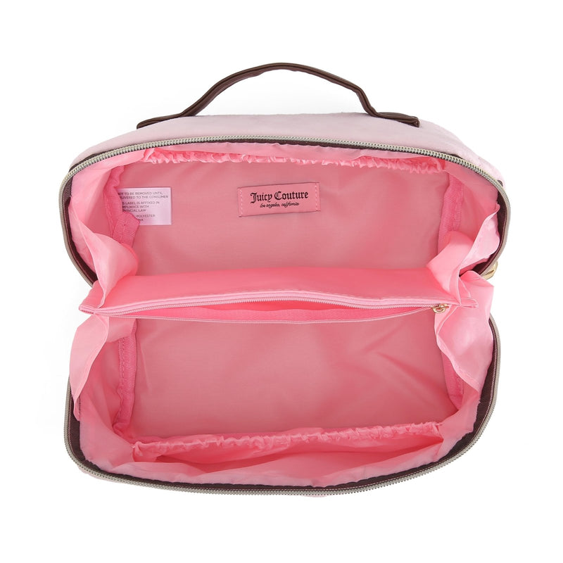 Juicy Couture Pink Brown Makeup Bag Cosmetics Organizer Travel Essentials Cross Zip Velour Rhinestone Brown Handle