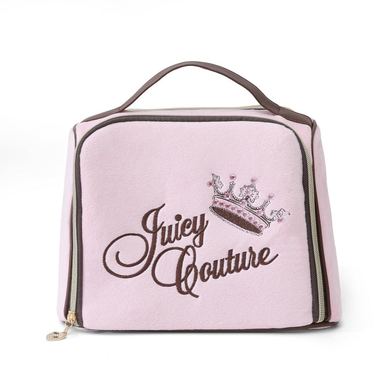 Juicy Couture Pink Makeup Bag Cosmetics Organizer Travel Essentials Bowler Vintage Style Velour Rhinestone Crown