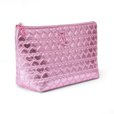 Juicy Couture Pink Makeup Bag Cosmetics Organizer Travel Essentials Top Zip Pouch Shiny Quilted Heart