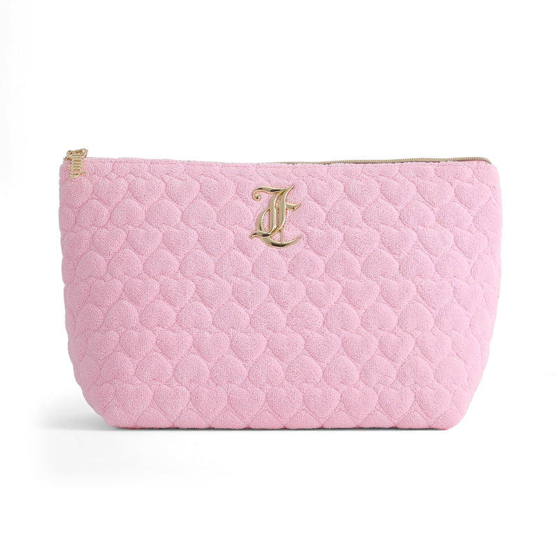 Juicy Couture Pink Makeup Bag Cosmetics Organizer Travel Essentials Top Zip Pouch Terry Cloth Quilted Heart