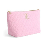Juicy Couture Pink Makeup Bag Cosmetics Organizer Travel Essentials Top Zip Pouch Terry Cloth Quilted Heart