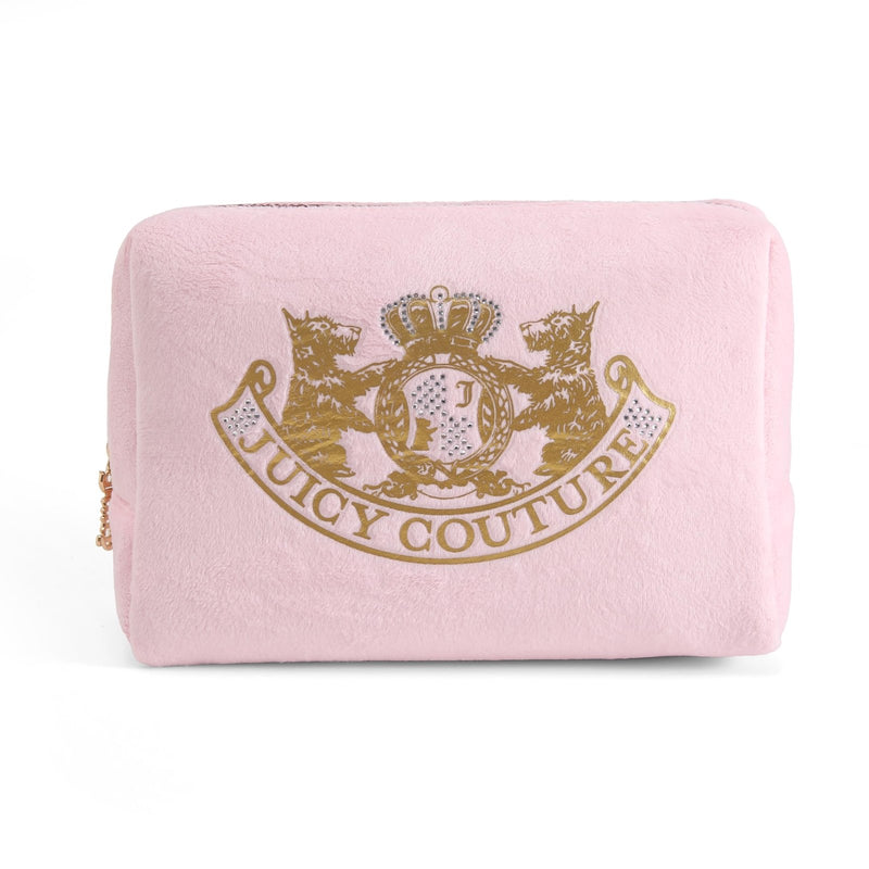 Juicy Couture Pink Makeup Bag Cosmetics Organizer Travel Essentials Zip Top Wedge Gold Terroir Dog Rhinestone Crown Velour