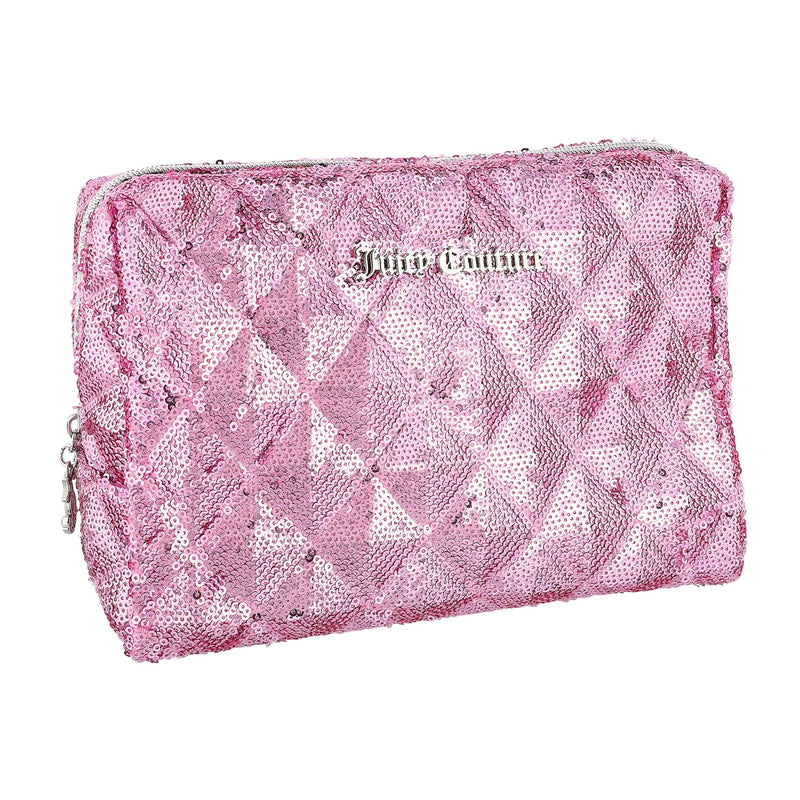 Juicy Couture Pink Makeup Bag Cosmetics Organizer Travel Essentials Zip Top Wedge Sparkle Sequin