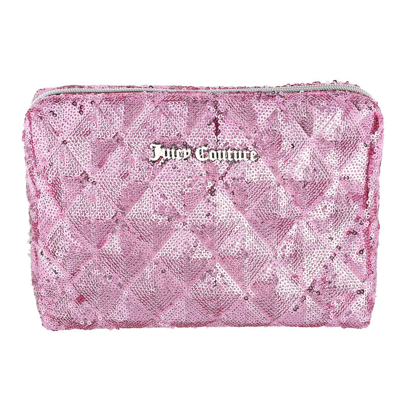 Juicy Couture Pink Makeup Bag Cosmetics Organizer Travel Essentials Zip Top Wedge Sparkle Sequin
