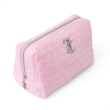 Juicy Couture Pink Makeup Bag Cosmetics Organizer Travel Essentials Zip Top Wedge Terry Cloth Heart Simulated Pearl Logo