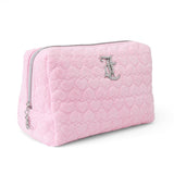 Juicy Couture Pink Makeup Bag Cosmetics Organizer Travel Essentials Zip Top Wedge Terry Cloth Heart Simulated Pearl Logo