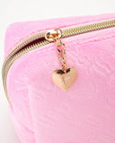 Juicy Couture Pink Makeup Bag Cosmetics Organizer Travel Essentials Zip Top Wedge Velour Heart