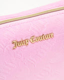 Juicy Couture Pink Makeup Bag Cosmetics Organizer Travel Essentials Zip Top Wedge Velour Heart