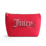 Juicy Couture Red Makeup Bag Cosmetics Organizer Travel Essentials Top Zip Pouch Velour Rhinestone Roses
