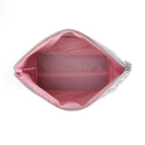 Juicy Couture Silver Makeup Bag Cosmetics Organizer Travel Essentials Top Zip Pouch Shiny Quilted Heart