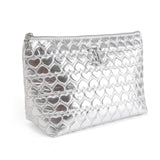 Juicy Couture Silver Makeup Bag Cosmetics Organizer Travel Essentials Top Zip Pouch Shiny Quilted Heart