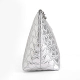 Juicy Couture Silver Makeup Bag Cosmetics Organizer Travel Essentials Top Zip Pouch Shiny Quilted Heart