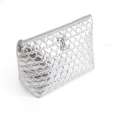 Juicy Couture Silver Makeup Bag Cosmetics Organizer Travel Essentials Top Zip Pouch Shiny Quilted Heart