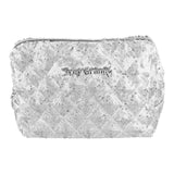 Juicy Couture Silver Makeup Bag Cosmetics Organizer Travel Essentials Zip Top Wedge Sparkle Sequin
