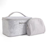 Juicy Couture Silver Sparkle Makeup Bag Set Cosmetics Organizer Travel Essentials Train Case Coin Purse Glitter Rhinestone Velour