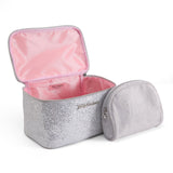 Juicy Couture Silver Sparkle Makeup Bag Set Cosmetics Organizer Travel Essentials Train Case Coin Purse Glitter Rhinestone Velour