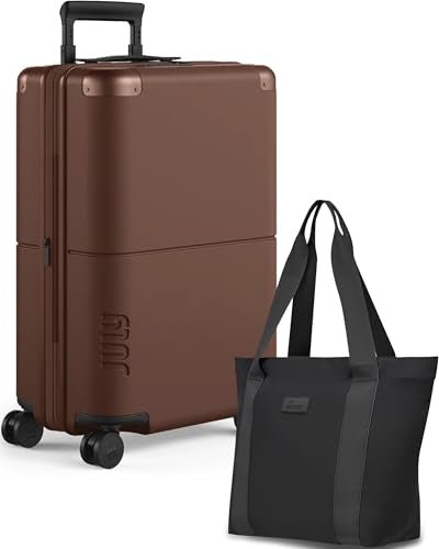 July Carry On Max Expandable - 21.5" Airline Approved Carry On Luggage with Travel Tote, Rolling Suitcase for Men & Women - TSA Lock Spinner Suitcase, Silent Wheels, Expansion Zip - Dark Brown