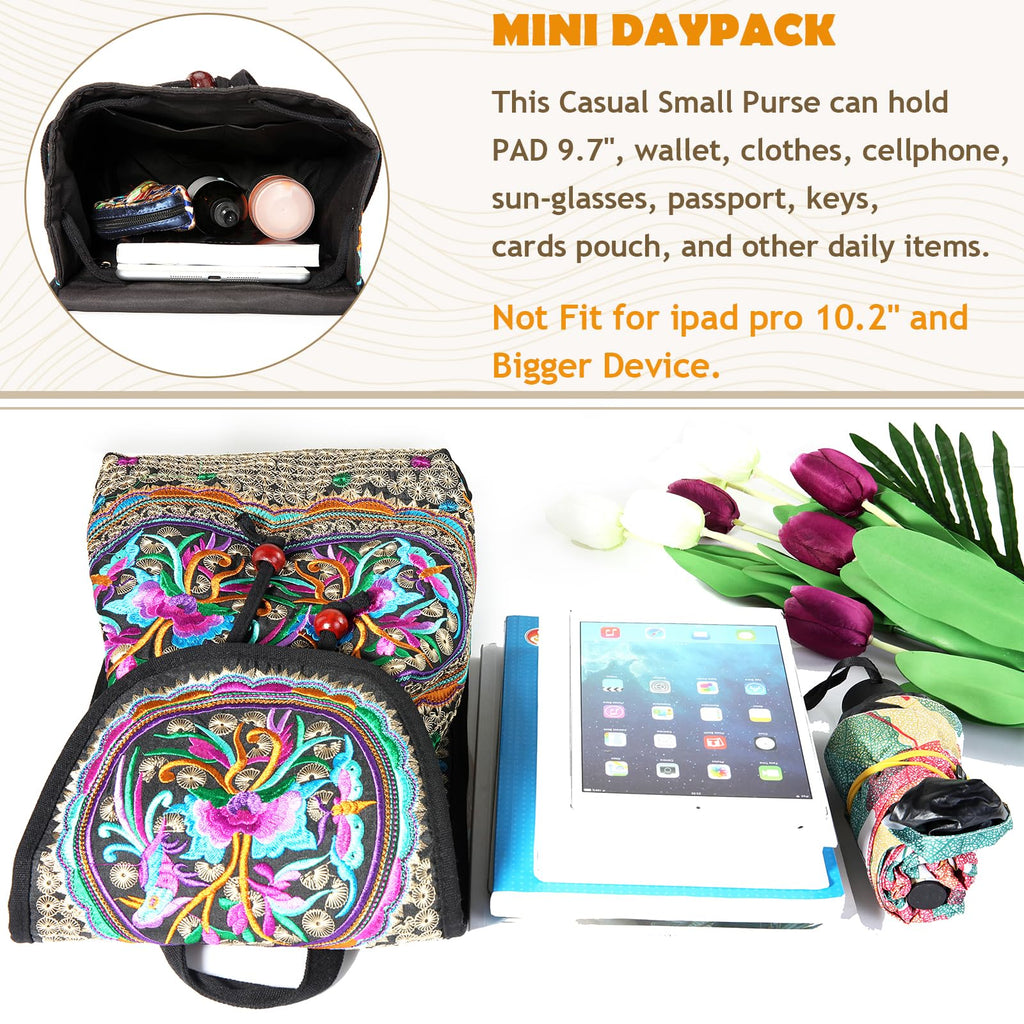 Jursccu Floral Embroidery Backpack Purses for Women Small Canvas Drawstring Daypack Travel Shoulder Bag Vintage Handbag