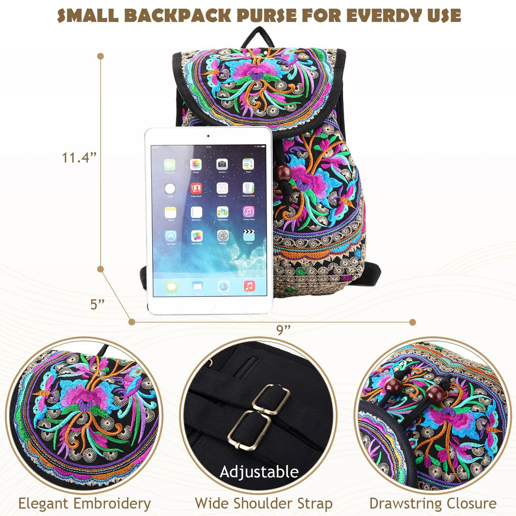 Jursccu Floral Embroidery Backpack Purses for Women Small Canvas Drawstring Daypack Travel Shoulder Bag Vintage Handbag