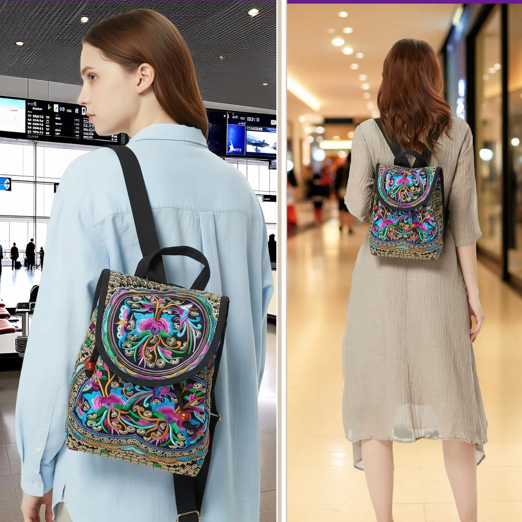 Jursccu Floral Embroidery Backpack Purses for Women Small Canvas Drawstring Daypack Travel Shoulder Bag Vintage Handbag