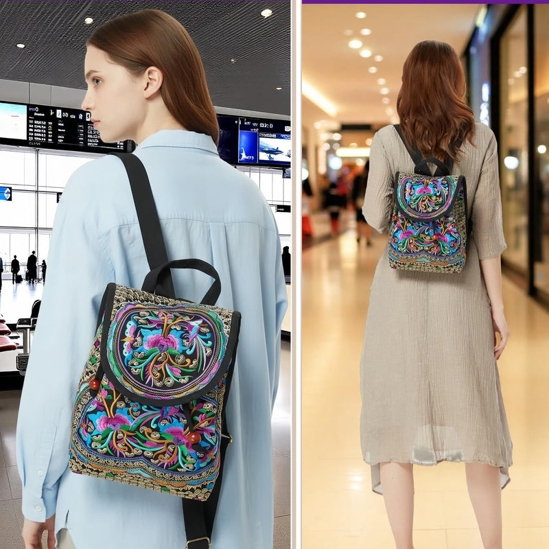 Jursccu Floral Embroidery Backpack Purses for Women Small Canvas Drawstring Daypack Travel Shoulder Bag Vintage Handbag