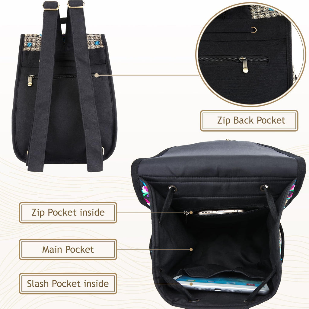 Jursccu Floral Embroidery Backpack Purses for Women Small Canvas Drawstring Daypack Travel Shoulder Bag Vintage Handbag