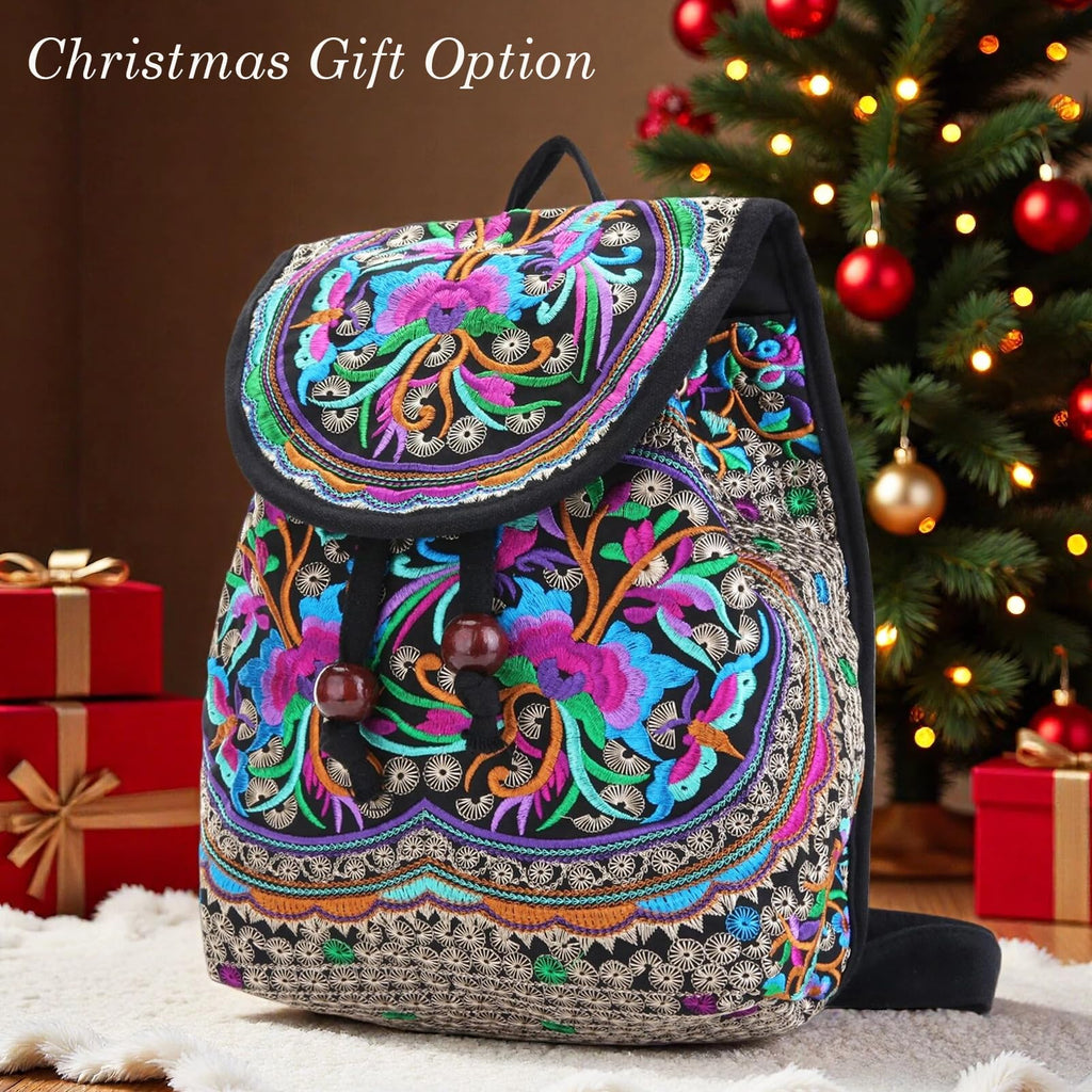 Jursccu Floral Embroidery Backpack Purses for Women Small Canvas Drawstring Daypack Travel Shoulder Bag Vintage Handbag