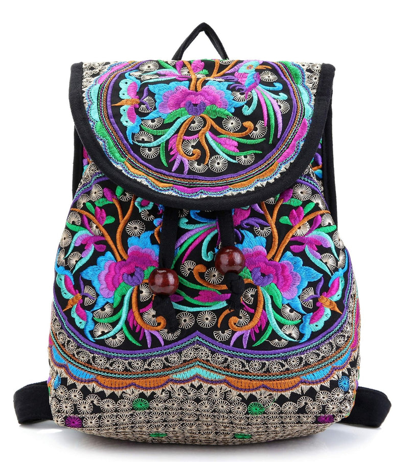 Jursccu Floral Embroidery Backpack Purses for Women Small Canvas Drawstring Daypack Travel Shoulder Bag Vintage Handbag