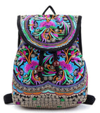 Jursccu Floral Embroidery Backpack Purses for Women Small Canvas Drawstring Daypack Travel Shoulder Bag Vintage Handbag