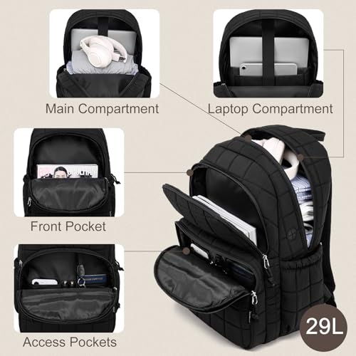 kadilong Laptop Backpack for Women College Travel,Quilted Daypack Bookbag for School Teen Girls Mochilas Mujer,Black