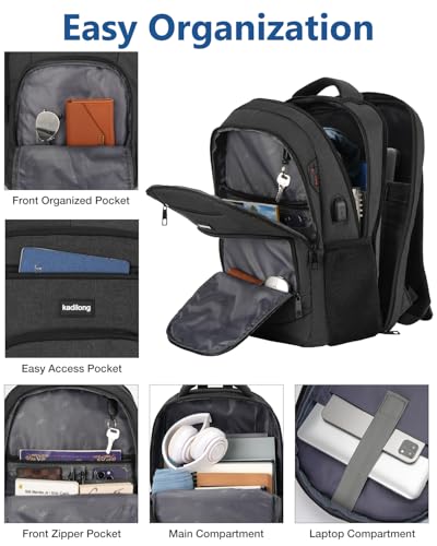 kadilong Laptop Backpack Men School Backpacks for Teen Boys Business Travel Anti Theft Book Bag with USB Charging Port,Water Resistant College Computer Bag Fits 15.6 Inch Notebook for Teenage,Black