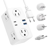 Kakyanill European Travel Plug Adapter, EU/UK/US Travel Plug Adapter Power Strip, 6 AC Outlets, 4 USB Ports (2 USB C), 3ft Wrapped Around Extension Cord, Universal Travel Adapter