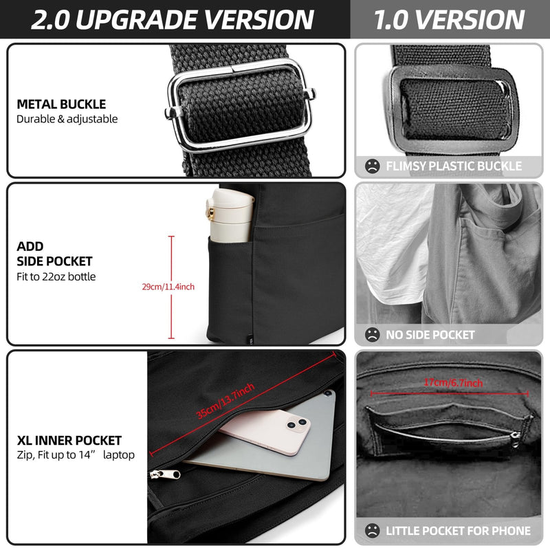 KALIDI Canvas Tote Bag Large Hobo Crossbody Shoulder Handbag BlackZipper Messenger Bag for Women or Men Casual College Work
