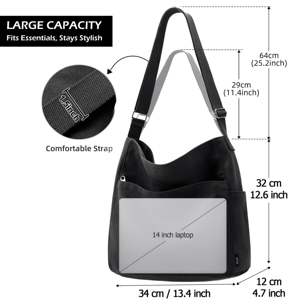 KALIDI Canvas Tote Bag Large Hobo Crossbody Shoulder Handbag BlackZipper Messenger Bag for Women or Men Casual College Work