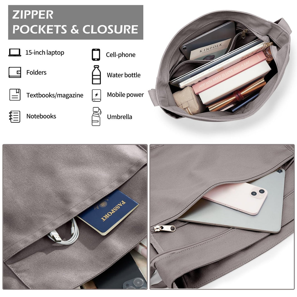 KALIDI Canvas Tote Bag Large Hobo Crossbody Shoulder Handbag Zipper Messenger Bag for Women or Men Casual College Work