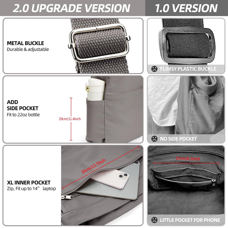 KALIDI Canvas Tote Bag Large Hobo Crossbody Shoulder Handbag Zipper Messenger Bag for Women or Men Casual College Work
