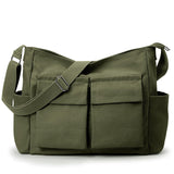 KALIDI Canvas Tote Messenger Bag with Pockets, Large Crossbody Bags for Women or Men, Casual Canvas Shoulder Bag for College Work Travel Daily, Army Green