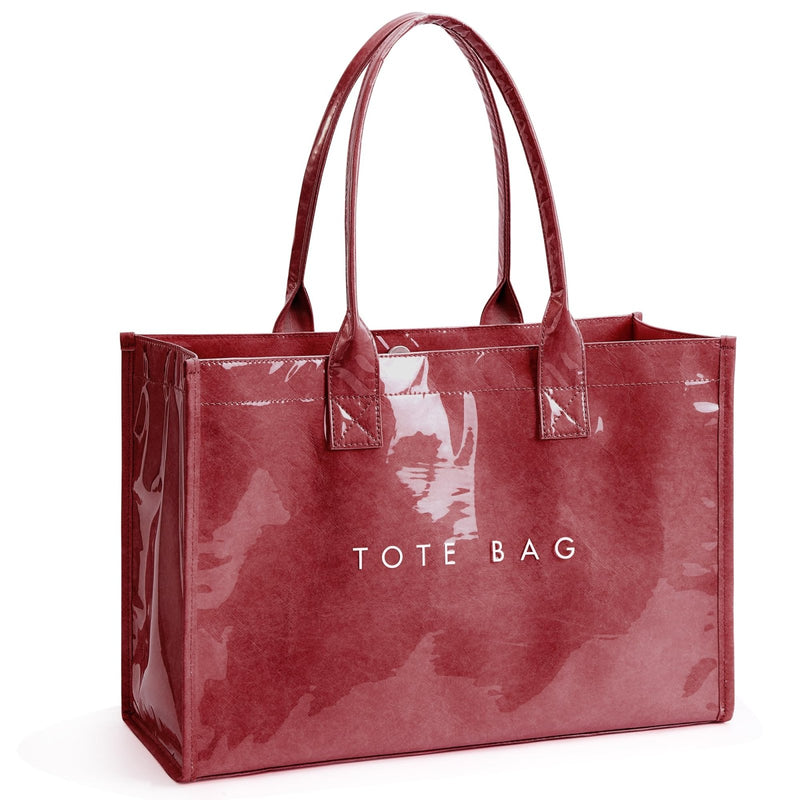 KALIDI PVC Tote Bag Women’s Kraft Paper Work Handbags Purses with Top Handle,Red
