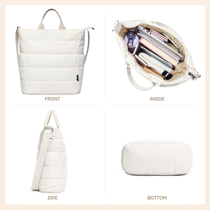 KALIDI Quilted Tote Bag, Puffer Hobo Bag Anti Splash Crossbody Zipper Gym Bag Large Casual Travel Work Daily Women, Beige