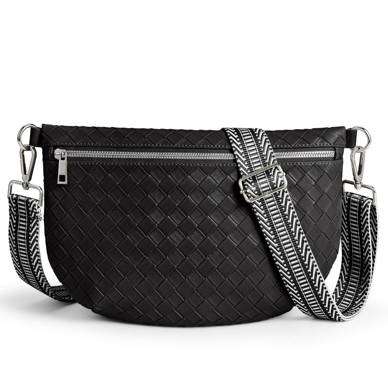 KALIDI Woven Crossbody Bags for Women Travel Vegan Leather Fanny Packs for Woman Cross Body Purse Fashion Belt Bum Bag with Wide Strap
