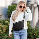 KALIDI Woven Crossbody Bags for Women Travel Vegan Leather Fanny Packs for Woman Cross Body Purse Fashion Belt Bum Bag with Wide Strap