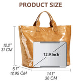 KAMEILONG Women's Large PVC Tote Bag Letters Print Handbags Paper Shoulder Bag Clear Shopping Hobo Bag (Brown)