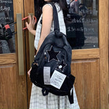 KANGDAWEI Cute Star Denim Backpack, Grunge Y2K Vintage Fashion Bookbag, Aesthetic Emo 2000s Backpack for Women Men Casual Bag (Black)