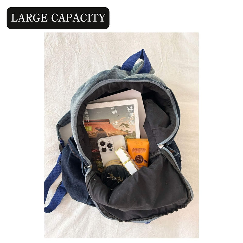 KANGDAWEI Cute Star Denim Backpack, Grunge Y2K Vintage Fashion Bookbag, Aesthetic Emo 2000s Backpack for Women Men Casual Bag (Black)
